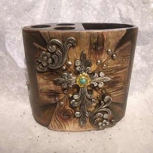 Rustic Cross Faux Wood Pen Organizer Cup Western Religious Decor